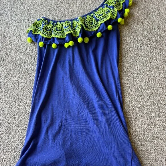 Lilly Pulitzer Idara One Shoulder Ruffle Dress Corsica Blue Pom Pom M - Picture 7 of 9